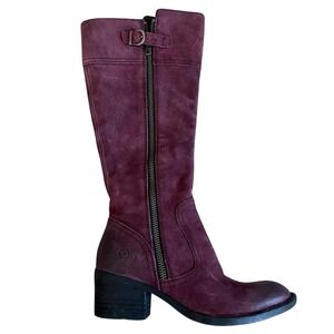 Born Knee High Burgundy Suede Boots Sz 6M Block Heels Zipper Retro Penny Lane